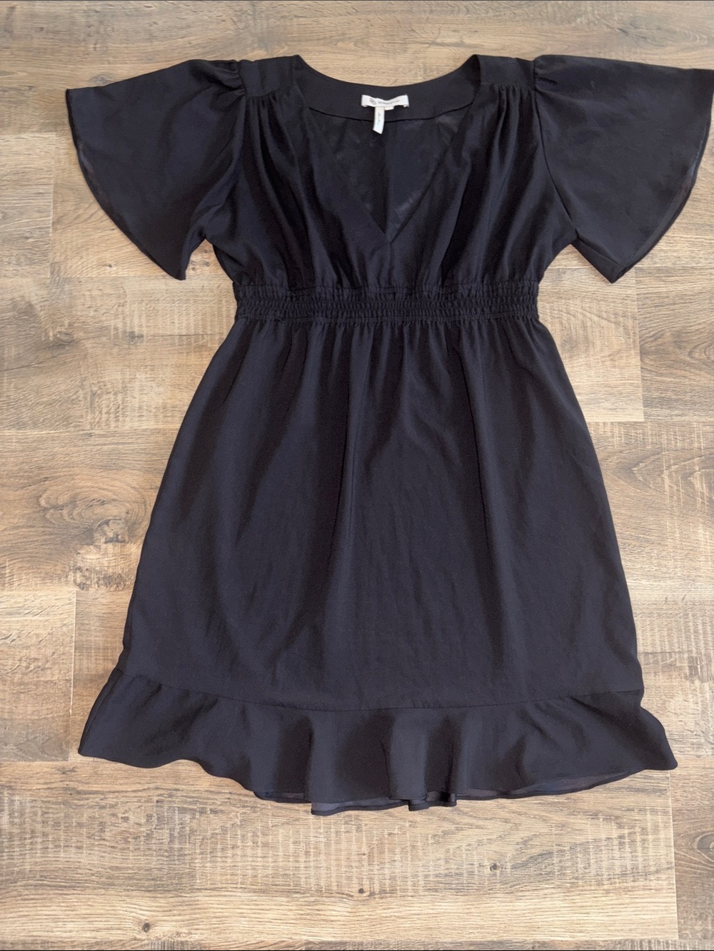 BCBGeneration Black Flutter Sleeve Smocked-Waist Mini Dress